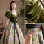 Fancy Dark Green Printing Prom Dresses 2022 Ball Gown Square Neckline Puffy Short Sleeve Backless Bow Sash Floor-Length / Long Formal Dresses