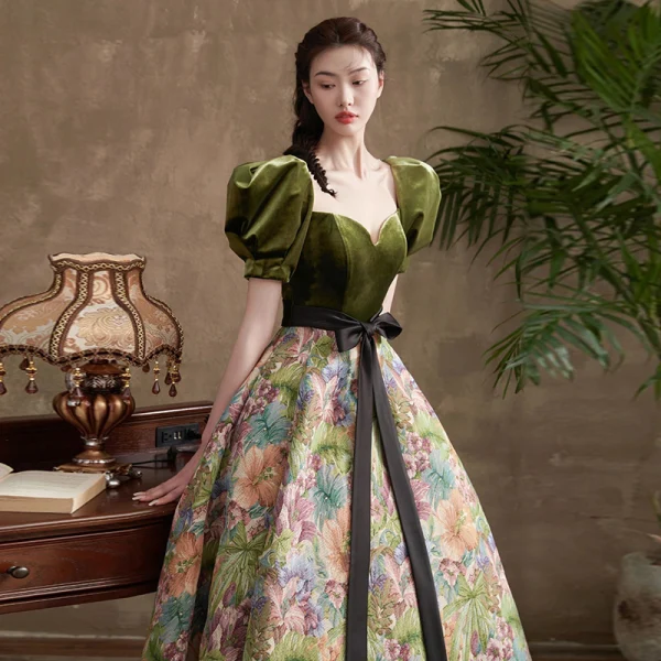 Fancy Dark Green Printing Prom Dresses 2022 Ball Gown Square Neckline Puffy Short Sleeve Backless Bow Sash Floor-Length / Long Formal Dresses