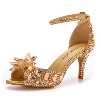 Charmant Doré Soirée Cristal Sandales Femme 2023 Faux Diamant Bride Cheville 7 Cm Talons Aiguilles Peep Toes Bout Ouvert Sandales Talons Hauts