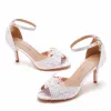 Chic / Beautiful White Lace Flower Summer Wedding Shoes 2023 Ankle Strap 7 cm Stiletto Heels Open / Peep Toe Wedding Sandals High Heels