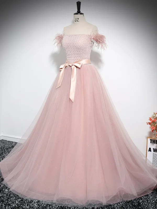 Charming Blushing Pink Beading Tassel Prom Dresses 2024 Ball Gown Strapless Sleeveless Backless Bow Sash Floor-Length / Long Prom Formal Dresses