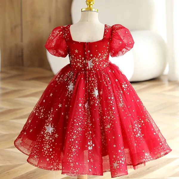 Chic / Beautiful Red Beading Star Sequins Lace Flower Birthday Flower Girl Dresses 2023 Ball Gown Square Neckline Short Sleeve Backless Floor-Length / Long Flower Girl Dresses