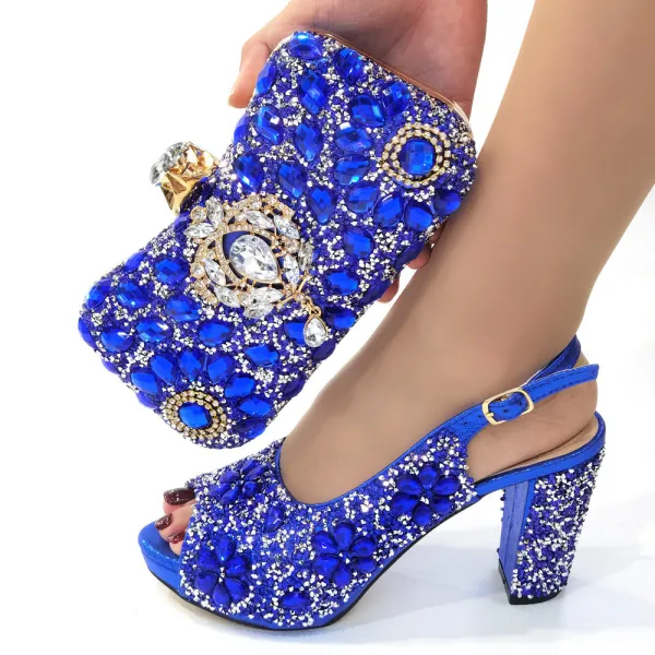 Sparkly Pool Blue Rhinestone Evening Party Clutch Bags Womens Sandals 2023 9 cm Thick Heels Open / Peep Toe Sandals High Heels Clutch Bags