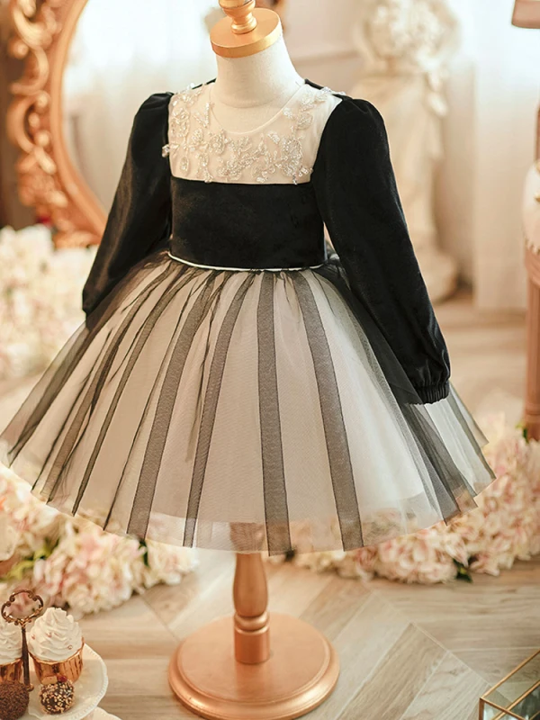 Chic / Beautiful Black Beading Sequins Bow Birthday Flower Girl Dresses 2023 Ball Gown Scoop Neck Long Sleeve Short