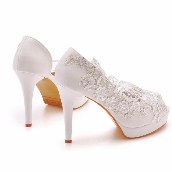 Fashion White Lace Flower Wedding Shoes 2023 Wedding 11 cm Stiletto Heels Open / Peep Toe Sandals High Heels