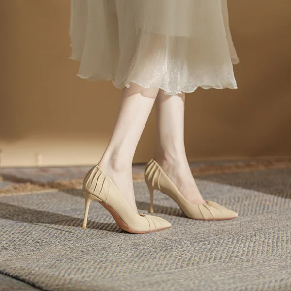Modest / Simple Khaki Casual Leather Pumps 2022 8 cm Stiletto Heels Open / Peep Toe Pumps High Heels