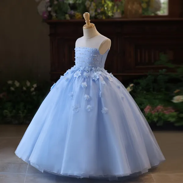 Chic / Beautiful Sky Blue Pearl Appliques Birthday Flower Girl Dresses 2025 Ball Gown Scoop Neck Sleeveless Backless Floor-Length / Long