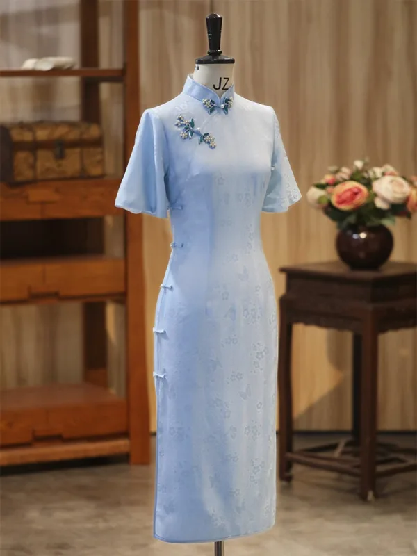 Chinese style Sky Blue Printing Split Front Silk Cheongsam / Qipao 2026 Trumpet / Mermaid High Neck Short Sleeve Tea-length