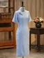 Chinese style Sky Blue Printing Split Front Silk Cheongsam / Qipao 2026 Trumpet / Mermaid High Neck Short Sleeve Tea-length