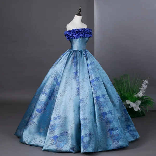 Vintage / Retro Pool Blue Prom Dresses 2025 Strapless Ball Gown Sleeveless Backless Floor-Length / Long Prom Formal Dresses
