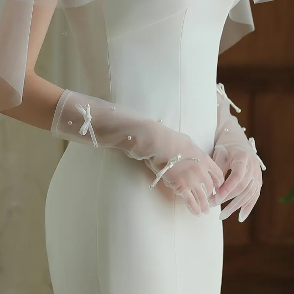 Élégant Blanche Fait main Noeud Mariage La Mariée Gants Mariage Voile De Mariée 2025 Tulle