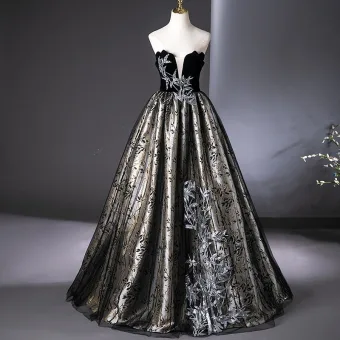Élégant Noire En Dentelle Fleur Robe De Bal 2024 Robe Boule Bustier Sans Manches Dos Nu Longue Promo Robe De Ceremonie