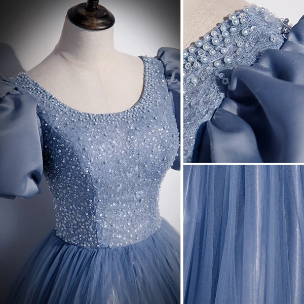 Chic / Beautiful Sky Blue Beading Pearl Sequins Prom Dresses 2023 A-Line / Princess Scoop Neck Short Sleeve Backless Floor-Length / Long Prom Formal Dresses