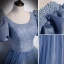 Chic / Beautiful Sky Blue Beading Pearl Sequins Prom Dresses 2023 A-Line / Princess Scoop Neck Short Sleeve Backless Floor-Length / Long Prom Formal Dresses