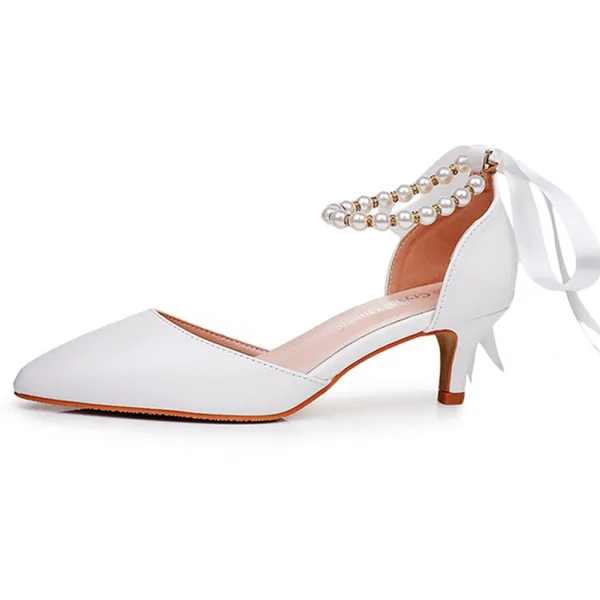 Élégant Blanche Perle Bride Cheville Noeud Chaussure De Mariée 2024 5 cm Talons Aiguilles À Bout Pointu Mariage Talons Hauts