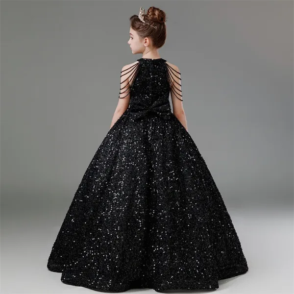 Bling Bling Black Beading Sequins Birthday Flower Girl Dresses 2024 Ball Gown Scoop Neck Sleeveless Backless Floor-Length / Long