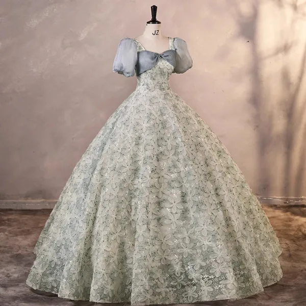 Chic / Beautiful Grey Printing Prom Dresses 2023 Ball Gown Square Neckline Bow Puffy Short Sleeve Backless Floor-Length / Long Prom Formal Dresses