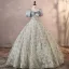 Chic / Beautiful Grey Printing Prom Dresses 2023 Ball Gown Square Neckline Bow Puffy Short Sleeve Backless Floor-Length / Long Prom Formal Dresses