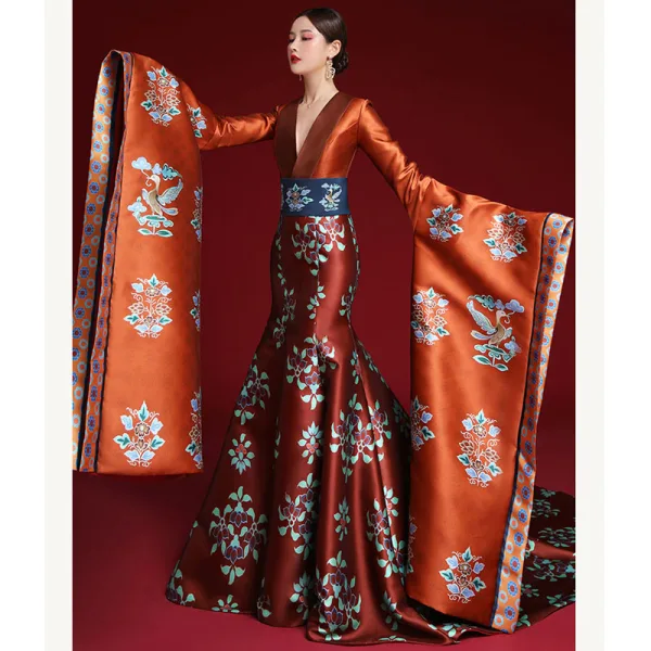 Amazing / Unique Chinese style Burgundy Printing Prom Dresses 2022 Trumpet / Mermaid Satin V-Neck Long Sleeve Backless Court Train Formal Dresses