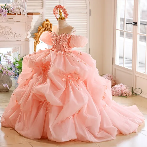 Chic / Belle Rougissant Rose Volants en Cascade Perle Appliques Anniversaire Robe Ceremonie Fille 2025 Robe Boule Encolure Dégagée Manches Courtes Dos Nu Tribunal Train Tulle
