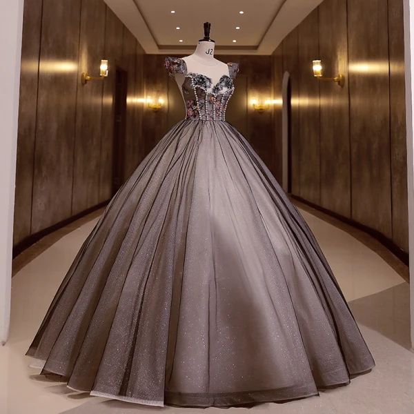 Élégant Noire Perle Paillettes En Dentelle Fleur Robe De Bal 2022 Robe Boule Encolure Dégagée Sans Manches Longue Robe De Ceremonie