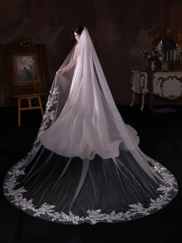 Élégant Blanche En Dentelle Fleur Chapel Train Voile De Mariée 2025 3.5 m Tulle
