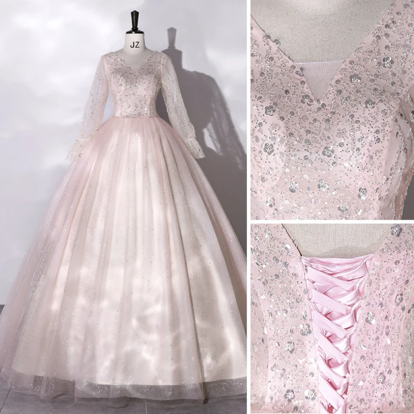 Chic / Belle Rougissant Rose Paillettes Robe De Bal 2022 Robe Boule V-Cou Manches Longues Dos Nu Longue Robe De Ceremonie