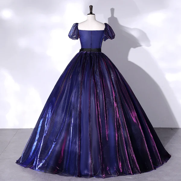Vintage / Retro Navy Blue Gradient-Color Prom Dresses 2022 Ball Gown Square Neckline Puffy Short Sleeve Backless Bow Sash Floor-Length / Long Formal Dresses