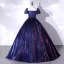 Vintage / Retro Navy Blue Gradient-Color Prom Dresses 2022 Ball Gown Square Neckline Puffy Short Sleeve Backless Bow Sash Floor-Length / Long Formal Dresses