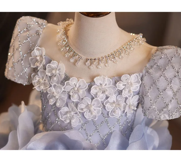Flower Fairy Fashion Sky Blue Beading Pearl Appliques Sequins Birthday Flower Girl Dresses 2025 Ball Gown Scoop Neck Short Sleeve Backless Floor-Length / Long