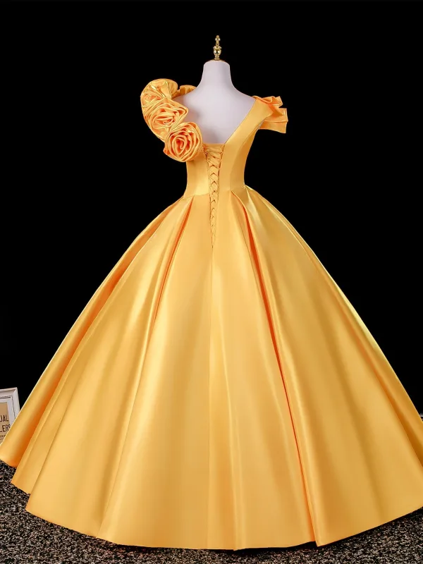 Vintage Gelb Applikationen Ballkleider 2026 Ballkleid V-Ausschnitt Kurze Ärmel Rückenfreies Lange Festliche Kleider