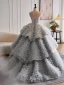 Vintage / Retro Quinceañera Grey Cascading Ruffles Ruffle Prom Dresses 2024 Ball Gown Strapless Sleeveless Backless Sweep Train Prom Formal Dresses