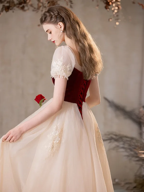 Chic / Beautiful Burgundy Beading Lace Flower Pearl Sequins Prom Dresses 2024 A-Line / Princess Square Neckline Short Sleeve Backless Floor-Length / Long Prom Formal Dresses