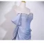 Charmant Bling Bling Bleu Ciel Perlage Faux Diamant Robe De Bal 2026 Princesse De l'épaule Manches Courtes Dos Nu Noeud Train De Balayage Robe De Ceremonie