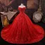 Amazing / Unique Red Beading Sequins Lace Flower Royal Train Wedding Dresses 2025 Ball Gown Off-The-Shoulder Short Sleeve Backless Tulle Wedding