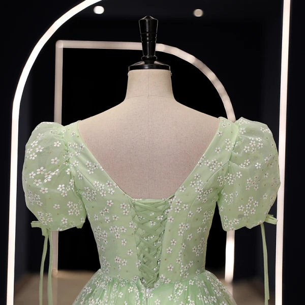 Chic / Beautiful Sage Green Floral Outdoor / Garden Prom Dresses 2023 A-Line / Princess Scoop Neck Short Sleeve Backless Floor-Length / Long Prom Formal Dresses