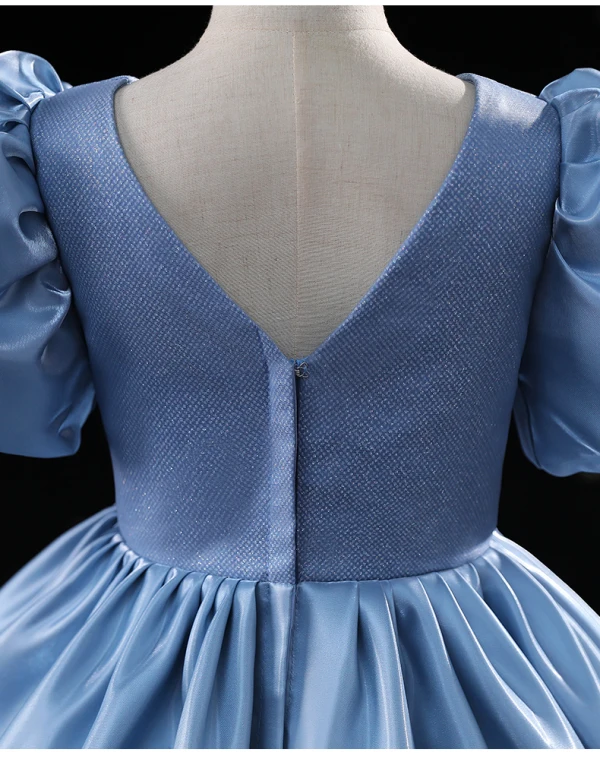 Modest / Simple Ocean Blue Birthday Flower Girl Dresses 2024 Ball Gown V-Neck Puffy Short Sleeve Backless Floor-Length / Long