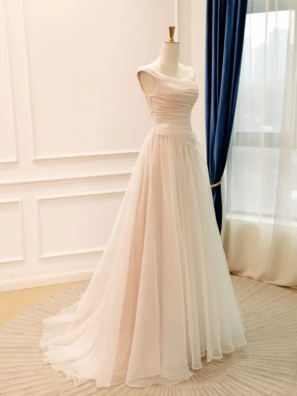 High-end Champagne Sequins Organza Prom Dresses 2026 A-Line / Princess Scoop Neck Sleeveless Backless Sweep Train Prom Formal Dresses