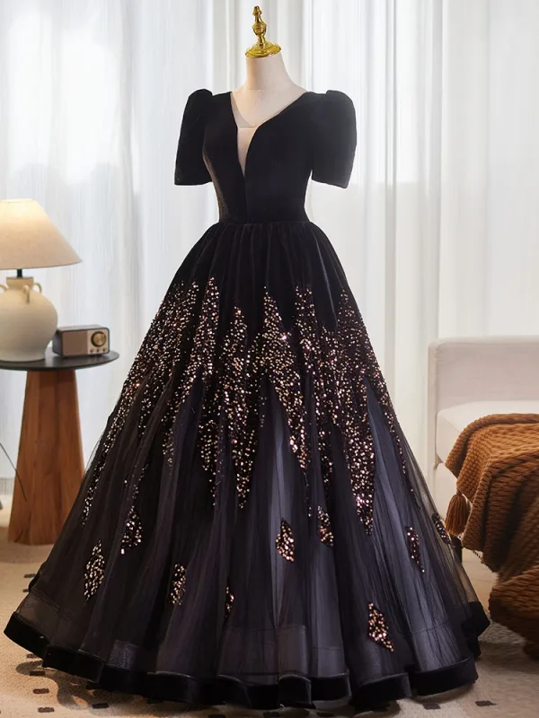 Elegante Schwarz Pailletten Ballkleider 2025 Ballkleid V-Ausschnitt Kurze Ärmel Rückenfreies Lange Ball Festliche Kleider