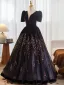 Elegante Schwarz Pailletten Ballkleider 2025 Ballkleid V-Ausschnitt Kurze Ärmel Rückenfreies Lange Ball Festliche Kleider