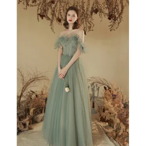 Charming Sage Green Pleated Prom Dresses 2023 A Line Princess Off The Shoulder Short Sleeve Floor Length Long Prom Formal Dresses