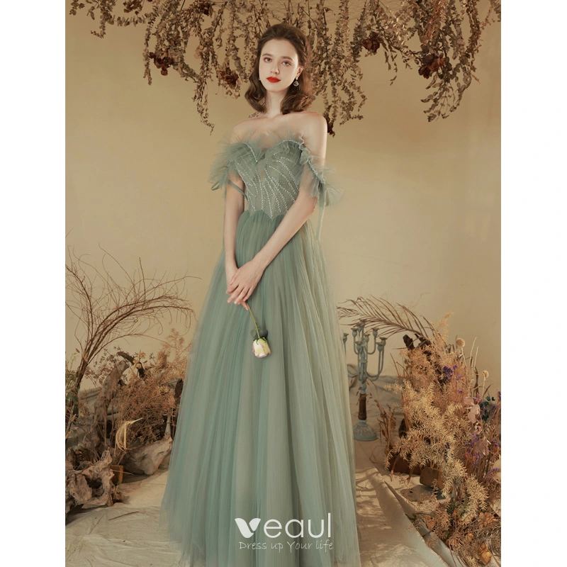 Tulle Off-the-shoulder Brown Short Sleeve A-line Prom Dress Tulle Off-the-shoulder Brown Short Sleeve A-line Prom Dress