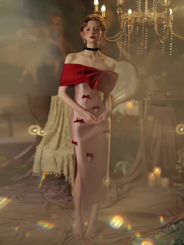 Sexy Rougissant Rose Fendue Devant Robe De Soirée 2023 Trompette Sirène De L Épaule Noeud Manches Courtes Dos Nu Thé Longueur Robe De Ceremonie