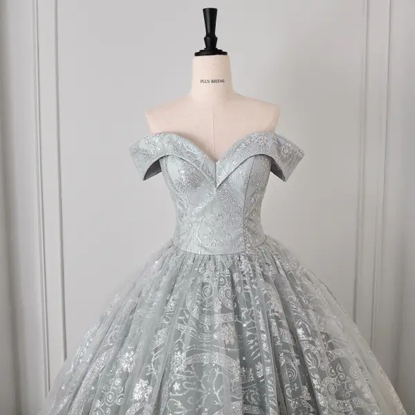 Sparkly Silver Sequins Prom Dresses 2026 Ball Gown Off-The-Shoulder Sleeveless Backless Floor-Length / Long Formal Dresses