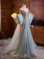 Fashion Sky Blue Beading Sequins Prom Dresses 2024 A-Line / Princess Strapless Short Sleeve Backless Court Train Tulle Prom Formal Dresses