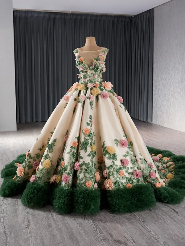 High End Blumenfee Champagner Spitze Blumen Applikationen Ballkleider 2024 Ballkleid Rundhalsausschnitt Ärmellos Rückenfreies Kathedrale Schleppe Ball Festliche Kleider