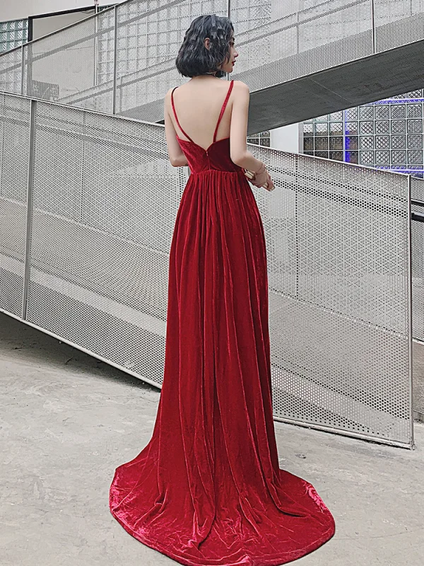 Charming Burgundy Suede Evening Dresses 2022 A-Line / Princess Spaghetti Straps Sleeveless Backless Floor-Length / Long Evening Party Formal Dresses