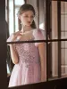Charming Blushing Pink Beading Sequins Prom Dresses 2022 A-Line / Princess Square Neckline Puffy Short Sleeve Backless Floor-Length / Long Prom Formal Dresses