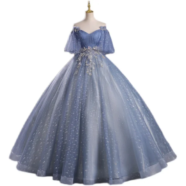 Schöne Meeresblau Perlenstickerei Ballkleider 2023 Ballkleid Off Shoulder Kurze Ärmel Rückenfreies Lange Ball Festliche Kleider