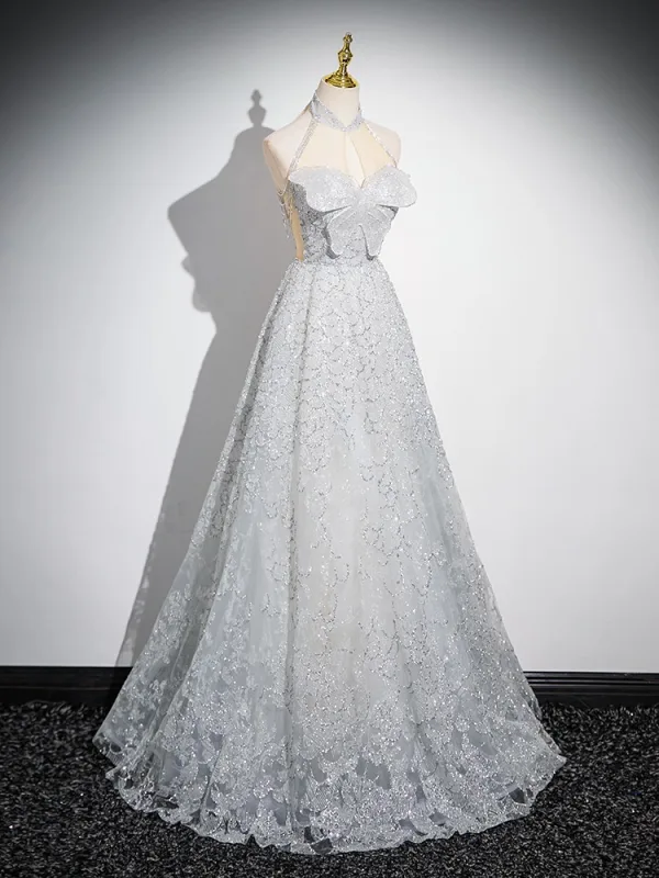 Mode Gris Perlage Paillettes Robe De Bal 2024 Princesse Col Haut Papillon Sans Manches Dos Nu Longue Promo Robe De Ceremonie
